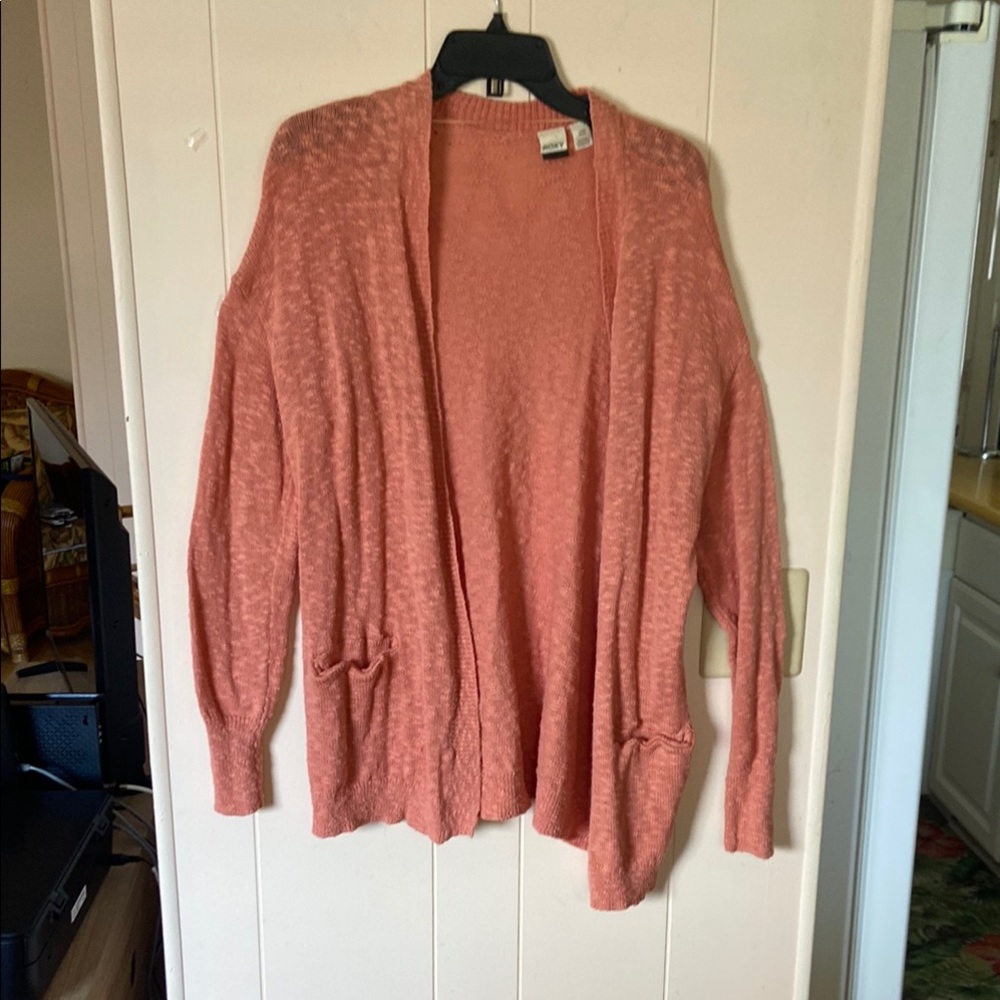 Roxy Orange Cardigan Sweater with pockets. Textured Knit Cotton